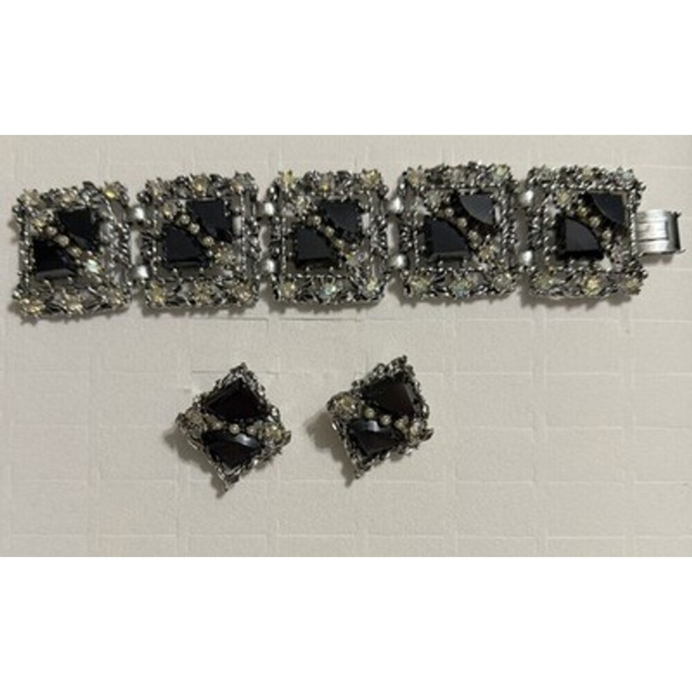 Wide Rhinestone Panel Bracelet 5 link & Earrings Set ab black rhinestones vtg